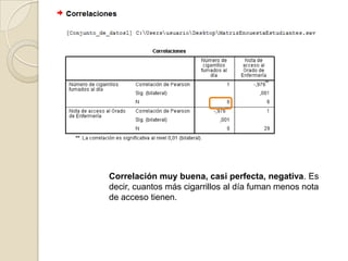 Correlación muy buena, casi perfecta, negativa. Es
decir, cuantos más cigarrillos al día fuman menos nota
de acceso tienen.
 