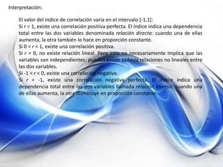Interpretación:
El valor del índice de correlación varía en el intervalo [-1,1]:
Si r = 1, existe una correlación positiva perfecta. El índice indica una dependencia
total entre las dos variables denominada relación directa: cuando una de ellas
aumenta, la otra también lo hace en proporción constante.
Si 0 < r < 1, existe una correlación positiva.
Si r = 0, no existe relación lineal. Pero esto no necesariamente implica que las
variables son independientes: pueden existir todavía relaciones no lineales entre
las dos variables.
Si -1 < r < 0, existe una correlación negativa.
Si r = -1, existe una correlación negativa perfecta. El índice indica una
dependencia total entre las dos variables llamada relación inversa: cuando una
de ellas aumenta, la otra disminuye en proporción constante.
 