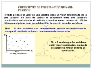 Permite predecir el valor de una variable dado un valor determinado de la
otra variable. Se trata de valorar la asociación entre dos variables
cuantitativas estudiando el método conocido como correlación. Dicho
cálculo es el primer paso para determinar la relación entre las variables.
Si r = 0 se dice que las variables
están incorrelacionadas: no puede
establecerse ningún sentido de
covariación.
Nota : Si dos variables son independiente estarán incorrelacionadas
aunque el resultado recíproco no es necesariamente cierto
 