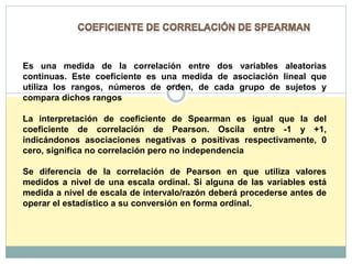 Es una medida de la correlación entre dos variables aleatorias
continuas. Este coeficiente es una medida de asociación lineal que
utiliza los rangos, números de orden, de cada grupo de sujetos y
compara dichos rangos
La interpretación de coeficiente de Spearman es igual que la del
coeficiente de correlación de Pearson. Oscila entre -1 y +1,
indicándonos asociaciones negativas o positivas respectivamente, 0
cero, significa no correlación pero no independencia
Se diferencia de la correlación de Pearson en que utiliza valores
medidos a nivel de una escala ordinal. Si alguna de las variables está
medida a nivel de escala de intervalo/razón deberá procederse antes de
operar el estadístico a su conversión en forma ordinal.
 