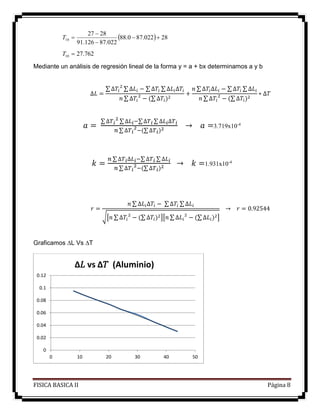 FISICA BASICA II Página 8
  28022.870.88
022.87126.91
2827
10 


T
762.2710 T
Mediante un análisis de regresión lineal de la forma y = a + bx determinamos a y b
∆𝐿 =
∑ ∆𝑇𝑖
2
∑ ∆𝐿𝑖 − ∑ ∆𝑇𝑖 ∑ ∆𝐿𝑖∆𝑇𝑖
𝑛 ∑ ∆𝑇𝑖
2
− (∑ ∆𝑇𝑖)2
+
𝑛 ∑ ∆𝑇𝑖∆𝐿𝑖 − ∑ ∆𝑇𝑖 ∑ ∆𝐿𝑖
𝑛 ∑ ∆𝑇𝑖
2
− (∑ ∆𝑇𝑖)2
∗ ∆𝑇
𝑎 =
∑ ∆𝑇 𝑖
2
∑ ∆𝐿 𝑖−∑ ∆𝑇 𝑖 ∑ ∆𝐿 𝑖∆𝑇 𝑖
𝑛 ∑ ∆𝑇 𝑖
2
−(∑ ∆𝑇 𝑖)2 → 𝑎 =3.719x10-4
𝑘 =
𝑛 ∑ ∆𝑇 𝑖∆𝐿 𝑖−∑ ∆𝑇 𝑖 ∑ ∆𝐿 𝑖
𝑛 ∑ ∆𝑇 𝑖
2
−(∑ ∆𝑇 𝑖)2 → 𝑘 =1.931x10-4
𝑟 =
𝑛 ∑ ∆𝐿𝑖∆𝑇𝑖 − ∑ ∆𝑇𝑖 ∑ ∆𝐿𝑖
√[𝑛 ∑ ∆𝑇𝑖
2
− (∑ ∆𝑇𝑖)2][𝑛 ∑ ∆𝐿𝑖
2
− (∑ ∆𝐿𝑖)2]
→ 𝑟 = 0.92544
Graficamos L Vs T
0
0.02
0.04
0.06
0.08
0.1
0.12
0 10 20 30 40 50
∆𝐿 vs ∆𝑇 (Aluminio)
 