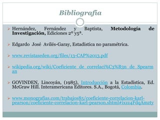 Bibliografía
 Hernández, Fernández y Baptista, Metodología de
Investigación, Ediciones 2º y5ª.
 Edgardo José Avilés-Garay, Estadística no paramétrica.
 www.revistaseden.org/files/13-CAP%2013.pdf
 wikipedia.org/wiki/Coeficiente_de_correlaci%C3%B3n_de_Spearm
an
 GOVINDEN, Lincoyán, (1985), Introducción a la Estadística, Ed.
McGraw Hill. Interamericana Editores. S.A., Bogotá, Colombia.
 www.monografias.com/trabajos85/coeficiente-correlacion-karl-
pearson/coeficiente-correlacion-karl-pearson.shtml#ixzz4FdqAmzty
 