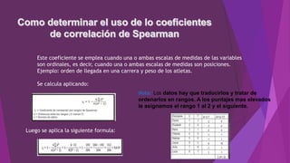 Este coeficiente se emplea cuando una o ambas escalas de medidas de las variables
son ordinales, es decir, cuando una o ambas escalas de medidas son posiciones.
Ejemplo: orden de llegada en una carrera y peso de los atletas.
Se calcula aplicando:
Nota: Los datos hay que traducirlos y tratar de
ordenarlos en rangos. A los puntajes mas elevados
le asignamos el rango 1 al 2 y el siguiente.
Luego se aplica la siguiente formula:
 