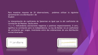 Para muestras mayores de 20 observaciones, podemos utilizar la siguiente
aproximación a la distribución t de
Student
La interpretación de coeficiente de Spearman es igual que la del coeficiente de
correlación de Pearson. Oscila entre
-1 y +1, indicándonos asociaciones negativas o positivas respectivamente, 0 cero,
significa no correlación pero no independencia. La tau de Kenda l es un coeficiente
de correlación por rangos, inversiones entre dos ordenaciones de una distribución
normal bivariante.
 