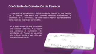 En estadística, el coeficiente de correlación de Pearson es una medida
de la relación lineal entre dos variables aleatorias cuantitativas. A
diferencia de la covarianza, la correlación de Pearson es independiente
de la escala de medida de las variables.
En el caso de que se esté estudiando
dos variables aleatorias X y Y sobre
una población; el coeficiente de
correlación de Pearson se simboliza
con la letra, siendo la expresión que
nos permite calcularlo:
 