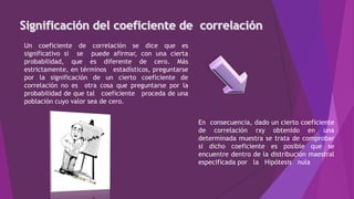 Un coeficiente de correlación se dice que es
significativo si se puede afirmar, con una cierta
probabilidad, que es diferente de cero. Más
estrictamente, en términos estadísticos, preguntarse
por la significación de un cierto coeficiente de
correlación no es otra cosa que preguntarse por la
probabilidad de que tal coeficiente proceda de una
población cuyo valor sea de cero.
En consecuencia, dado un cierto coeficiente
de correlación rxy obtenido en una
determinada muestra se trata de comprobar
si dicho coeficiente es posible que se
encuentre dentro de la distribución maestral
especificada por la Hipótesis nula
 