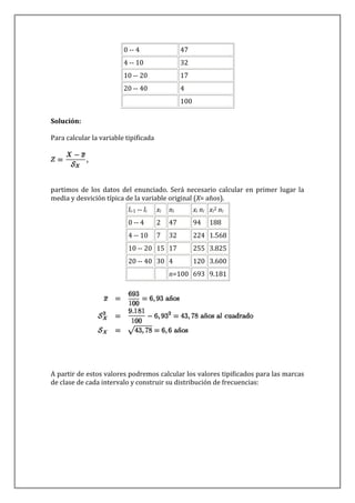 0 -- 4                  47
                         4 -- 10                 32
                         10 -- 20                17
                         20 -- 40                4
                                                 100

Solución:

Para calcular la variable tipificada




partimos de los datos del enunciado. Será necesario calcular en primer lugar la
media y desvición típica de la variable original (X= años).
                          li-1 -- li   xi   ni         xi ni xi2 ni
                          0 -- 4       2    47         94    188
                          4 -- 10      7    32         224 1.568
                          10 -- 20 15 17               255 3.825
                          20 -- 40 30 4                120 3.600
                                            n=100 693 9.181




A partir de estos valores podremos calcular los valores tipificados para las marcas
de clase de cada intervalo y construir su distribución de frecuencias:
 