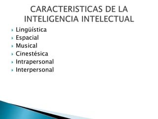  Lingüística
Espacial
Musical
Cinestésica
Intrapersonal
Interpersonal