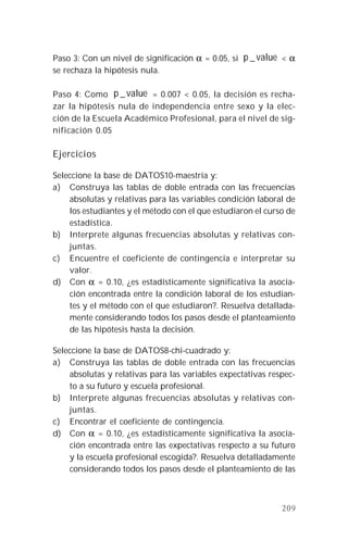 209
Paso 3: Con un nivel de significación α = 0.05, si valuep _ < α
se rechaza la hipótesis nula.
Paso 4: Como valuep _ = 0.007 < 0.05, la decisión es recha-
zar la hipótesis nula de independencia entre sexo y la elec-
ción de la Escuela Académico Profesional, para el nivel de sig-
nificación 0.05
Ejercicios
Seleccione la base de DATOS10-maestría y:
a) Construya las tablas de doble entrada con las frecuencias
absolutas y relativas para las variables condición laboral de
los estudiantes y el método con el que estudiaron el curso de
estadística.
b) Interprete algunas frecuencias absolutas y relativas con-
juntas.
c) Encuentre el coeficiente de contingencia e interpretar su
valor.
d) Con α = 0.10, ¿es estadísticamente significativa la asocia-
ción encontrada entre la condición laboral de los estudian-
tes y el método con el que estudiaron?. Resuelva detallada-
mente considerando todos los pasos desde el planteamiento
de las hipótesis hasta la decisión.
Seleccione la base de DATOS8-chi-cuadrado y:
a) Construya las tablas de doble entrada con las frecuencias
absolutas y relativas para las variables expectativas respec-
to a su futuro y escuela profesional.
b) Interprete algunas frecuencias absolutas y relativas con-
juntas.
c) Encontrar el coeficiente de contingencia.
d) Con α = 0.10, ¿es estadísticamente significativa la asocia-
ción encontrada entre las expectativas respecto a su futuro
y la escuela profesional escogida?. Resuelva detalladamente
considerando todos los pasos desde el planteamiento de las
 