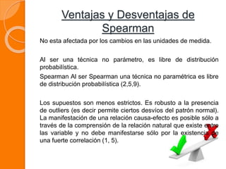 Ventajas y Desventajas de
Spearman
No esta afectada por los cambios en las unidades de medida.
Al ser una técnica no parámetro, es libre de distribución
probabilística.
Spearman Al ser Spearman una técnica no paramétrica es libre
de distribución probabilística (2,5,9).
Los supuestos son menos estrictos. Es robusto a la presencia
de outliers (es decir permite ciertos desvíos del patrón normal).
La manifestación de una relación causa-efecto es posible sólo a
través de la comprensión de la relación natural que existe entre
las variable y no debe manifestarse sólo por la existencia de
una fuerte correlación (1, 5).
 