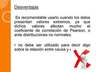 Desventajas
Es recomendable usarlo cuando los datos
presentan valores extremos, ya que
dichos valores afectan mucho el
coeficiente de correlación de Pearson, o
ante distribuciones no normales.
r no debe ser utilizado para decir algo
sobre la relación entre causa y efecto.
 
