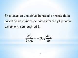 En el caso de una difusión radial a través de la
pared de un cilindro de radio interno yI y radio
externo r2 con longitud L,
40
 
