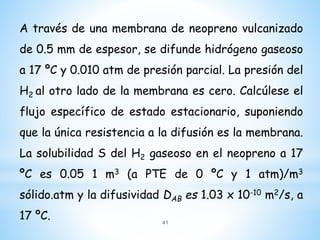 A través de una membrana de neopreno vulcanizado
de 0.5 mm de espesor, se difunde hidrógeno gaseoso
a 17 ºC y 0.010 atm de presión parcial. La presión del
H2 al otro lado de la membrana es cero. Calcúlese el
flujo específico de estado estacionario, suponiendo
que la única resistencia a la difusión es la membrana.
La solubilidad S del H2 gaseoso en el neopreno a 17
ºC es 0.05 1 m3 (a PTE de 0 ºC y 1 atm)/m3
sólido.atm y la difusividad DAB es 1.03 x 10-10 m2/s, a
17 ºC. 41
 