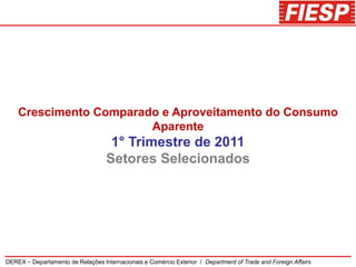 Crescimento Comparado e Aproveitamento do Consumo
                        Aparente
                                    1° Trimestre de 2011
                                   Setores Selecionados




DEREX – Departamento de Relações Internacionais e Comércio Exterior / Department of Trade and Foreign Affairs
 