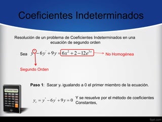 Coeficientes Indeterminados
Resolución de un problema de Coeficientes Indeterminados en una
ecuación de segundo orden
x
e
x
y
y
y 3
2
'
'
'
12
2
6
9
6 




Sea
Segundo Orden
No Homogénea
Paso 1: Sacar yc igualando a 0 el primer miembro de la ecuación.
0
9
6 '
'
'



 y
y
y
yc
Y se resuelve por el método de coeficientes
Constantes,
 