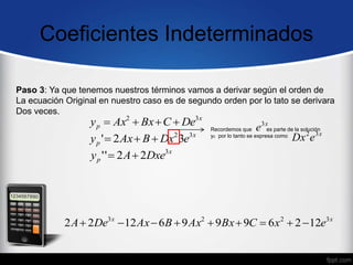Coeficientes Indeterminados
Paso 3: Ya que tenemos nuestros términos vamos a derivar según el orden de
La ecuación Original en nuestro caso es de segundo orden por lo tato se derivara
Dos veces.
x
p De
C
Bx
Ax
y 3
2




x
p e
Dx
B
Ax
y 3
2
3
2
' 


x
p Dxe
A
y 3
2
2
'
' 

Recordemos que es parte de la solución
yc por lo tanto se expresa como
x
e3
x
e
Dx 3
2
x
x
e
x
C
Bx
Ax
B
Ax
De
A 3
2
2
3
12
2
6
9
9
9
6
12
2
2 








 
