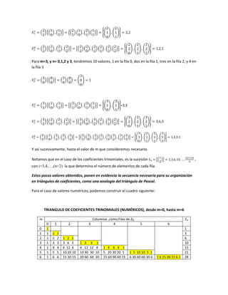 𝐹1
1
= (
2
1
) {(
1
0
) , (
1
1
)} = {(
2
1
) (
1
0
) , (
2
1
) (
1
1
)} = {(
2
1
0
) , (
2
1
1
)} = 2,2
𝐹2
0
= (
2
2
) {(
2
0
) , (
2
1
) , (
2
2
)} = {(
2
2
) (
2
0
) , (
2
2
) (
2
1
) , (
2
2
) (
2
2
)} = {(
2
2
0
) , (
2
2
1
) , (
2
2
2
)} = 1,2,1
Para m=3, y n= 0,1,2 y 3, tendremos 10 valores, 1 en la fila 0, dos en la fila 1, tres en la fila 2, y 4 en
la fila 3
𝐹0
3
= (
3
0
) {(
0
0
)} = (
3
0
) (
0
0
) = (
3
0
0
) = 1
𝐹1
2
= (
3
1
) {(
1
0
) , (
1
1
)} = {(
3
1
) (
1
0
) , (
3
1
) (
1
1
)} = {(
3
1
0
) , (
3
1
1
)}=3,3
𝐹2
1
= (
3
2
) {(
2
0
) , (
2
1
) , (
2
2
)} = {(
3
2
) (
2
0
) , (
3
2
) (
2
1
) , (
3
2
) (
2
2
)} = {(
3
2
0
) , (
3
2
1
) , (
3
2
2
)} = 3,6,3
𝐹3
0
= (
3
3
) {(
3
0
) , (
3
1
) , (
3
2
) , (
3
3
)} = {(
3
3
) (
3
0
) , (
3
3
)(
3
1
) , (
3
3
)(
3
2
) , (
3
3
)(
3
3
)} = {(
3
3
0
) , (
3
3
1
) , (
3
3
2
) , (
3
3
3
)} = 1,3,3,1
Y así sucesivamente, hasta el valor de m que consideremos necesario.
Notamos que en el caso de los coeficientes trinomiales, es la sucesión 𝑆3 = {(
𝑖
2
)} = 1,3,6,10, … ,
(𝑛+1)𝑛
2!
,
con i=3,4,…,(n+2) la que determina el número de elementos de cada fila.
Estos pocos valores obtenidos, ponen en evidencia la secuencia necesaria para su organización
en triángulos de coeficientes, como una analogía del triángulo de Pascal.
Para el caso de valores numéricos, podemos construir el cuadro siguiente:
TRIANGULO DE COEFICIENTES TRINOMIALES (NUMÉRICOS), desde m=0, hasta m=6
m Columnas ,como Filas de ∆ 𝑇 𝑆3
0 1 2 3 4 5 6
0 1 1
1 1 1 1 3
2 1 2 2 1 2 1 6
3 1 3 3 3 6 3 1 3 3 1 10
4 1 4 4 6 12 6 4 12 12 4 1 4 6 4 1 15
5 1 5 5 10 20 10 10 30 30 10 5 20 30 20 5 1 5 10 10 5 1 21
6 1 6 6 15 30 15 20 60 60 20 15 60 90 60 15 6 30 60 60 30 6 1 6 15 20 15 6 1 28
 
