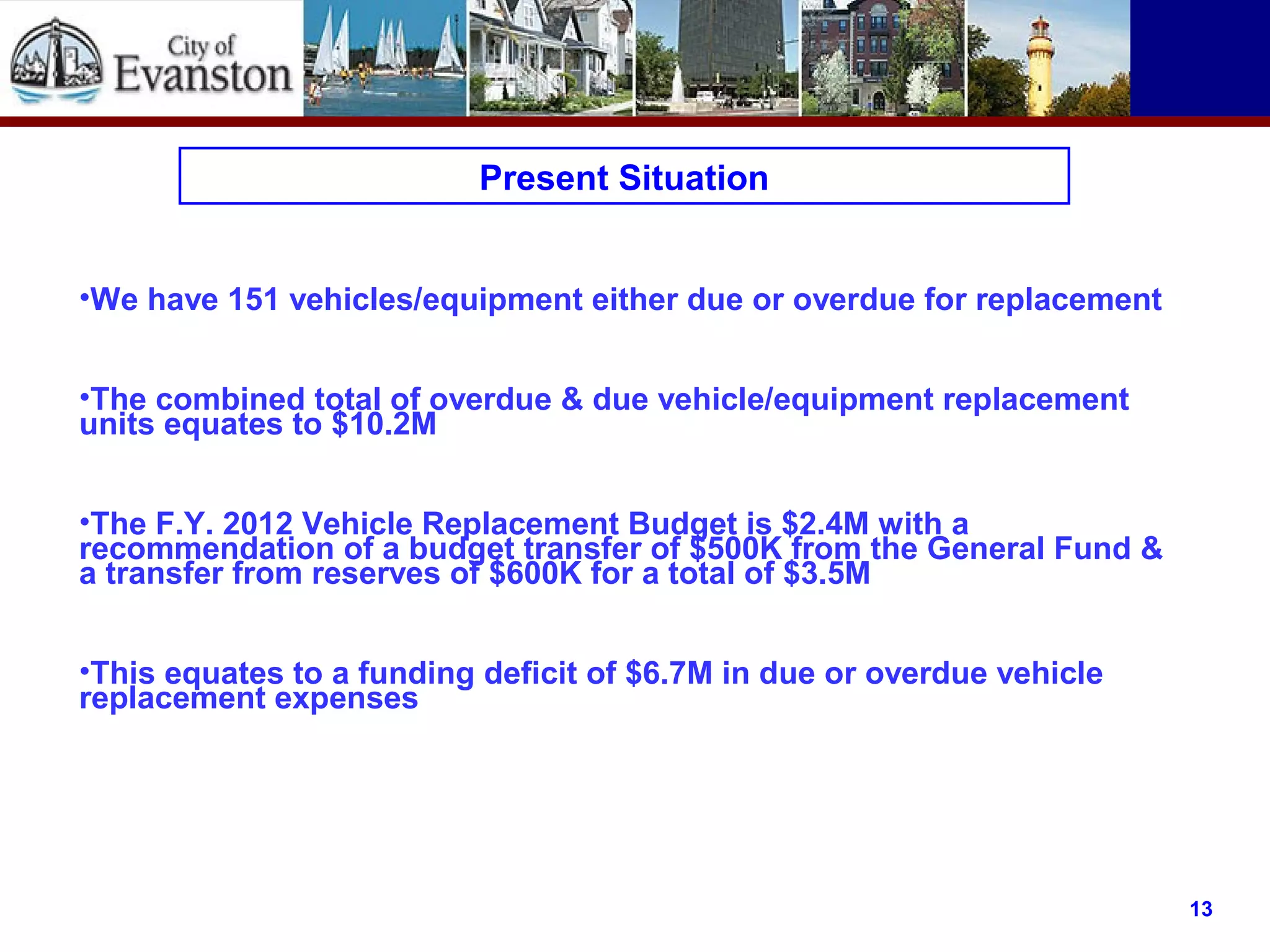Present Situation
•We have 151 vehicles/equipment either due or overdue for replacement
•The combined total of overdue & due vehicle/equipment replacement
units equates to $10.2M
•The F.Y. 2012 Vehicle Replacement Budget is $2.4M with a
recommendation of a budget transfer of $500K from the General Fund &
a transfer from reserves of $600K for a total of $3.5M
•This equates to a funding deficit of $6.7M in due or overdue vehicle
replacement expenses
13
Present Situation
 
