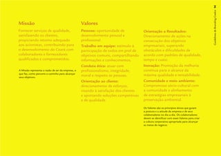 Guidelines de Branding Coelce 14
Missão                                             Valores
Fornecer serviços de qualidade,                    Pessoas: oportunidade de            Orientação a Resultados:
satisfazendo os clientes,                          desenvolvimento pessoal e           Direcionamento de ações na
propiciando retorno adequado                       proﬁssional.                        consecução dos objetivos
aos acionistas, contribuindo para                  Trabalho em equipe: estímulo à      empresariais, superando
o desenvolvimento do Ceará com                     participação de todos em prol de    obstáculos e diﬁculdades de
colaboradores e fornecedores                       objetivos comuns, compartilhando    acordo com padrões de qualidade,
qualiﬁcados e comprometidos.                       informações e conhecimentos.        tempo e custo.
                                                   Conduta ética: atuar com            Inovação: Promoção da melhoria
A Missão representa a razão de ser da empresa, o   proﬁssionalismo, integridade,       contínua para o alcance da
que faz, como percorre o caminho para alcançar
seus objetivos.
                                                   moral e respeito às pessoas.        máxima qualidade e rentabilidade.
                                                   Orientação ao cliente:              Comunidade e meio ambiente:
                                                   direcionamento de esforços,         Compromisso sócio-cultural com
                                                   visando à satisfação dos clientes   a comunidade e alinhamento
                                                   e aportando soluções competitivas   de estratégias empresariais à
                                                   e de qualidade.                     preservação ambiental.

                                                                                       Os Valores são os princípios éticos que guiam
                                                                                       a postura e a atitude da empresa e de seus
                                                                                       colaboradores no dia-a-dia. Os colaboradores
                                                                                       devem se identiﬁcar com esses Valores para criar
                                                                                       a cultura corporativa apropriada para alcançar
                                                                                       as metas de negócio.
 