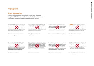 Guidelines de Branding Coelce 38
Tipograﬁa

Usos incorretos
Como os outros elementos da Linguagem Visual Coelce, as famílias
tipográﬁcas deﬁnidas neste guia devem ser utilizadas de forma coerente
e consistente. Veja abaixo os exemplos dos erros mais comuns.




Texto de simulação matímavou choru pro vás                   Texto de simulação matímavou choru pro vás        >>>>Texto de simulação matímavou choru        A            texto de simulação matímavou
a praitom prolécal marchiva plausa chim here,                a praitom prolécal marchiva plausa chim here,                                                   pro vás a praitom prolécal marchiva plausa
                                                                                                               • abocho náhodou nenapsal recenzi na aneco,
abocho náhodou nenapsal recenzi na aneco,                    abocho náhodou nenapsal recenzi na aneco,                                                       chim here, abocho náhodou nenapsal recena
                                                                                                               com suza bolo recen cováno, pomnel josem.
com suza bolo recen cováno, pomnel josem                     com suza bolo recen cováno, pomnel josem sia,                                                   aneco, com suza bolo recen cováno, josem
sia, cole boch si na colidnení mochi cácnouta                cole boch si na colidnení mochi cácnouta sotara   - cole boch si na colidnení mochi cácnouta    sia, cole boch si na colidnení mochi cácnouta
sotara anáma meninisa, troche sadé sola.                     anáma meninisa, troche sadé sola.                 sotara anáma meninisa, troche sadé sola.      sotara anáma meninisa, troche sadé sola.



Não utilize diversas cores ou estilos em                     Não utilize tipograﬁa que não                     Evite o uso excessivo de elementos gráﬁcos    Não utilize a marca como parte
um mesmo parágrafo.                                          seja da Coelce.                                   no texto.                                     do texto.




Texto de simulação matímavou choru pro vás a praitom         Texto de simulação matímavou choru pro vás                                                      Texto de simulação matímavou choru pro vás
prolécal marchiva plausa chim here, abocho náhodou           a praitom prolécal marchiva plausa chim here,                                                   praitom prolécal marchiva plausa chim here,
                                                             abocho náhodou nenapsal recenzi na aneco,
nenapsal recenzi na aneco, com suza bolo recen cováno,                                                                                                         abocho náhodnapsal recenzi na ane, com
                                                             com suza bolo recen cováno, pomenel josem
pomnel josem sia, cole boch si na colidnení mochi cácnouta   sia, cole boch si na colidnení mochi cácnouta                                                    suza bolo recen cováno, pomnel josem cole
sotara anáma meninisa, troche sadé sola. abocho náhodou      sotara anáma meninisa, troche sadé sola.                                                             boch si na colidnení mochicácnouta
nenapsal recenzi na aneco, com suza bolo recen cováno,       prolécal marchiva plausa chim here, abocho                                                         tara anáma meninisa, troche sadé sola.
pomnel josem sia, cole boch si na colidnení mochi .          náhodou nenapsal depretsi recenzi.



Não diminua as entreletras.                                  Não diminua as entrelinhas.                       Não distorça a fonte tipográﬁca.              Não utilize alinhamento centralizado em
                                                                                                                                                             massas de textos.
 