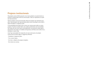 Guidelines de Branding Coelce 59
Projetos institucionais
Os projetos carros-chefes possuem uma marca própria e se posicionam na
primeira camada deste nível da comunicação. Cada um representa um pilar
de relacionamento.
Outros projetos sociais são alocados abaixo do projeto que representa seu
pilar. Esses projetos são representados pelos ícones do projeto carro-chefe e
devem fortalecer o respectivo pilar.
A recomendação principal é que se evite criar marcas para todos os novos
projetos. É preciso sempre fazer uma análise profunda da real necessidade
de criação de uma nova marca, principalmente nos primeiros meses após o
lançamento do projeto. O modelo de Arquitetura de Marcas da Coelce visa a
fortalecer a marca mãe.
Caso haja necessidade de criação de um novo nome para um projeto
institucional, ele deve seguir as seguintes diretrizes:
• Fortalecer o respectivo pilar;
• Ter o nome Coelce;
• Ser claro o objetivo do projeto (simples);
• Ser criativo ou curioso.
 
