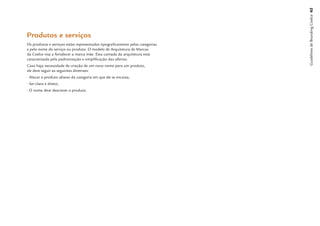 Guidelines de Branding Coelce 62
Produtos e serviços
Os produtos e serviços estão representados tipograﬁcamente pelas categorias
e pelo nome do serviço ou produto. O modelo de Arquitetura de Marcas
da Coelce visa a fortalecer a marca mãe. Esta camada da arquitetura está
caracterizada pela padronização e simpliﬁcação das ofertas.
Caso haja necessidade de criação de um novo nome para um produto,
ele deve seguir as seguintes diretrizes:
• Alocar o produto abaixo da categoria em que ele se encaixa;
• Ser claro e direto;
• O nome deve descrever o produto.
 