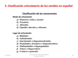 3. Clasificación articulatoria de los sonidos en español
1/12/2014
Tutorías Centro Asociado de Madrid
"Gregorio Marañón"
3...