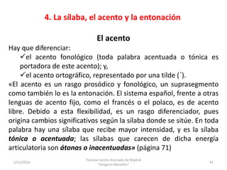 4. La sílaba, el acento y la entonación
1/12/2014
Tutorías Centro Asociado de Madrid
"Gregorio Marañón"
41
El acento
Hay q...