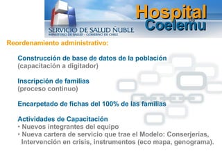 Hospital Coelemu de Reordenamiento administrativo: Construcción de base de datos de la población  (capacitación a digitador) Inscripción de familias  (proceso continuo) Encarpetado de fichas del 100% de las familias Actividades de Capacitación  Nuevos integrantes del equipo Nueva cartera de servicio que trae el Modelo: Conserjerías,  Intervención en crisis, instrumentos (eco mapa, genograma). 