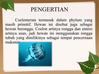 PENGERTIAN
Coelenterata termasuk dalam phylum yang
masih primitif. Hewan ini disebut juga sebagai
hewan berongga. Coelon artinya rongga dan entero
artinya usus, jadi hewan ini menggunakan rongga
tubuh yang dimilikinya sebagai tempat pencernaan
makanan.
 