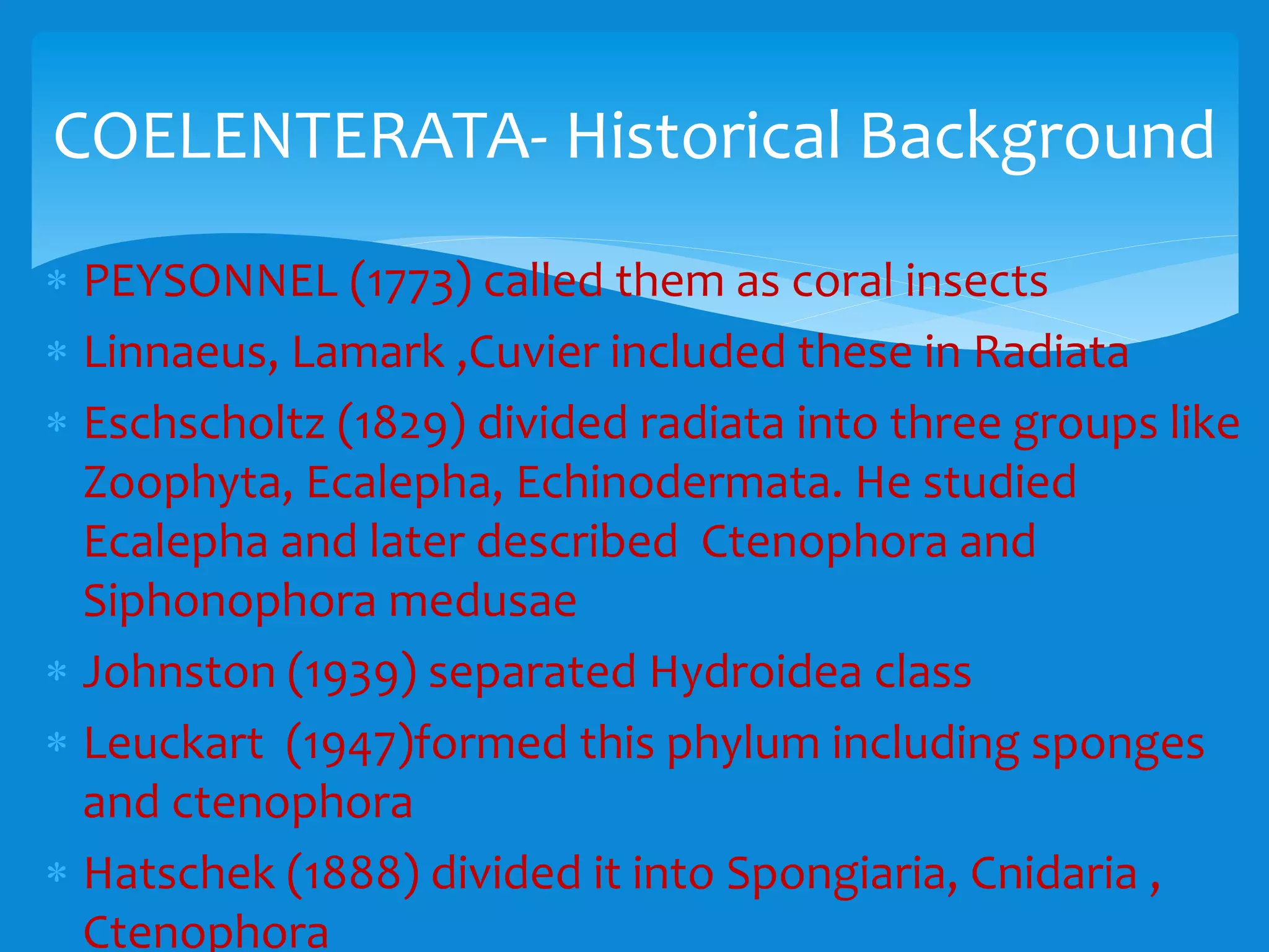  PEYSONNEL (1773) called them as coral insects
 Linnaeus, Lamark ,Cuvier included these in Radiata
 Eschscholtz (1829) divided radiata into three groups like
Zoophyta, Ecalepha, Echinodermata. He studied
Ecalepha and later described Ctenophora and
Siphonophora medusae
 Johnston (1939) separated Hydroidea class
 Leuckart (1947)formed this phylum including sponges
and ctenophora
 Hatschek (1888) divided it into Spongiaria, Cnidaria ,
Ctenophora
COELENTERATA- Historical Background
 