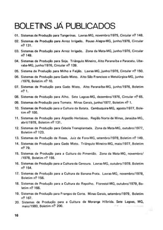 BOLETINSJA PUBLICADOS
01. Sistemas de Psodut$o para Tangerinas. Lavras-MG, novembroll975, Circular n? f 48.
02. Sistemas de PraduçiXo para Arroz Irrigado. Pauso AlegreMG, junholt 976, Circular
n9 131.
03. Sistemas de Produção para Arroz Irrigado. Zona da Mata-MG, junhoJ1976, Circular
nQ 149.
04.Sistemas de Produ~opara Soja. Trilngulo Mineira, Alto Paranaíba e Paracatu. Ube-
raba-MG, junhd1976, Circular no 1391.
05. Sistema de Prbdiuflo para Milha e Feijh. Lavras-MG, junholl976, Circular no 150.
06. Sisemas de Produção para Gado Misto. Alto S5o Franciscu e Metalúrgica-MG,junho
Jf976, Boletim no 16.
07. Sistemas de Pradum para Gado Misto, Alto Pãranaíba-MG, junholl976, Boletim
nP 1.
08. Sistemas de Produção para Alho. Sete Lagoas-MG, derernbroll976, Circular n? 65.
W. Sistemasde Produção para Tomate. Minas Gerais, junhoJ1977, Boletim nQ1.
10. Sistemas de Producão para a Cultura da Batata. Çarnbuquira-MG, agosto11977, Bole-
tim no 100.
11. Sistemas de Produção para Algodão I-lerbAceo. RegiZo Norte de Minas, JanaUba-MG,
abrilll978, Boletim no 133.
12. Sistemas de Produção para Cebala fransplantada. Zona da Mata-MG, outribraJlST7,
Boletim n9 123.
13. Sistemas de Produção de Roças. Juiz de Fara-MG, seternbro/l978, Boletim~n? 149.
14, Sistemas de Produflo para Gado Misto. Triangulo Mineiro-MG, rnaio11977, Boletim
RI79.
15, Sistemas de Produflo para a Cultura do PimentCio, Zona da Mata-MG, novembro/
11978, Boletim n? 155.
16. Sistemas de Produção para a Culturada Cenoura. Lavras-MG, outubroJ1978, Boletim
.o 154.
I?. Sistemas de Produção para a Cultura dá Banana-Prata. Lavras-MG, novernbraJ1978,
Boletim n? 156.
18, Sistemas de ProduçSo para a Cultura do Repolho. Florestal-MG,outubrolf 979, Bo-
letim n? 166.
19. Sistemas de Produção para Frangos de Corre. Minas Gerais, seternbroJ1979, Boletim
n? 167.
20. Sistemas de Produeo para a Cultura da Moranga Hibrida. Sete Lagoas, MG,
rnaioJ1980, Boletim n? 200.
 