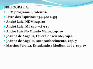 BIBLIOGRAFIA:
 EPM programa I, roteiro 6
 Livro dos Espíritos, 134, 400 a 455
 André Luiz, NDM cap. 20
 André Luiz, ML cap. 7,8 e 13
 André Luiz No Mundo Maior, cap. 10
 Joanna de Angelis, O Ser Consciente, cap.2
 Joanna de Angelis, Autoconhecimento, cap. 7
 Martins Peralva, Estudando a Mediunidade, cap. 17
 