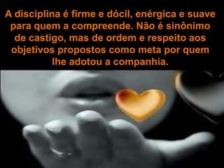 A disciplina é firme e dócil, enérgica e suave
para quem a compreende. Não é sinônimo
de castigo, mas de ordem e respeito aos
objetivos propostos como meta por quem
lhe adotou a companhia.
 