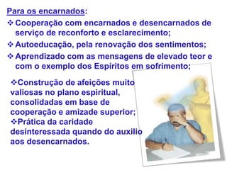 Para os encarnados:
Cooperação com encarnados e desencarnados de
serviço de reconforto e esclarecimento;
Autoeducação, pela renovação dos sentimentos;
Aprendizado com as mensagens de elevado teor e
com o exemplo dos Espíritos em sofrimento;
Construção de afeições muito
valiosas no plano espiritual,
consolidadas em base de
cooperação e amizade superior;
Prática da caridade
desinteressada quando do auxilio
aos desencarnados.
 