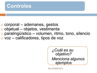 USO DE LOS GESTOS
Cómo NO tocar
partes del cuerpo:
 la cabeza
 las piernas
 el tronco
Evitar tocar
 la ropa
 los objetos
personales:
 la cartera
 la ropa (vestimenta)
 los papeles
 