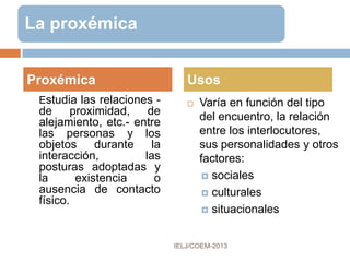 REFERENCIAS
IELJ/COEM-2016
Centro Virtual Cervantes. Paralingüístico. Diccionario de términos clave de ELE. [En línea, Web].
Disponible en:
http://cvc.cervantes.es/ensenanza/biblioteca_ele/diccio_ele/diccionario/paralinguistico.htm
-------------------- Diccionario de términos clave de ELE. [En línea, Web]. Disponible en:
http://cvc.cervantes.es/ensenanza/biblioteca_ele/diccio_ele/diccionario/proxemica.htm
Cestero Mancera, A. M. (2003). La comunicación no verbal y su incidencia en fenómenos discursivos
como la ironía. [En línea, pdf]. Disponible en:
http://rua.ua.es/dspace/bitstream/10045/6074/1/ELUA_20_03.pdf
Comunicar con lenguaje no verbal. (s.f.). Educar Chile. [En línea, Shockwave Flash]. Disponible en:
http://www.educarchile.cl/userfiles/P0029/File/Recursos_Digitales/TPEmpleabilidad/objeto03/obje
to03.swf
Hernandez, Z. (2013, enero 26). Lenguaje gestual, gestos, tipos de mirada. Disponible en:
http://es.slideshare.net/zulaimahernandez/lenguaje-gestual-gestos-no-verbales-tipos-de-mirada
López Fernández, J. (s.f.). Gestos y ademanes. Hispanoteca. [En línea, Web]. Disponible en:
http://hispanoteca.eu/Lengua/Gestos%20y%20ademanes/Gestos%20y%20ademanes%20-
%20%C3%8Dndice.htm
McGraw Hill (s.F.). Unidad 04. La comunicación no verbal. [En línea, pdf]. Disponible en:
http://www.mcgraw-hill.es/bcv/guide/capitulo/8448175743.pdf
 