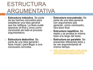 ESTRUCTURA
ARGUMENTATIVA
 Estructura inductiva. Se parte
de los hechos concretos para
establecer una idea general
que los ratifique. La tesis suele
aparecer al final y sirve como
conclusión de todo el proceso
argumentativo.
 Estructura deductiva: Se
parte de una idea general (
tesis inicial ) para llegar a una
conclusión concreta.
 Estructura encuadrada: Se
parte de una idea general,
con argumentos que
generan, como conclusión,
otra tesis final.
 Estructura repetitiva: Se
repite y se prueba la misma
tesis a lo largo del texto.
 Estructura en paralelo: Se
presentan diferentes tesis y
se van argumentando al
mismo tiempo.
 http://mimosa.pntic.mec.es/aj
uan3/lengua/argument.htm
 