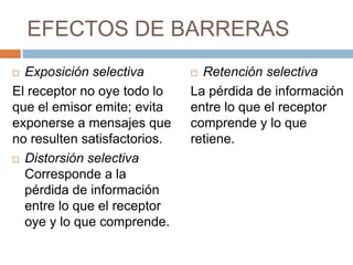 EFECTOS DE BARRERAS
 Distractores externos
Exceso de ruido
externo , interrupción
en el canal de
transmisión
 