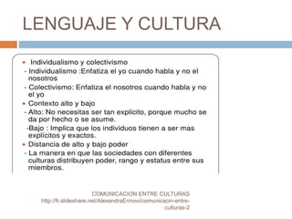 LENGUAJE Y CULTURA
COMUNICACION ENTRE CULTURAS
http://fr.slideshare.net/AlexandraEnnovi/comunicacin-entre-
culturas-2
 