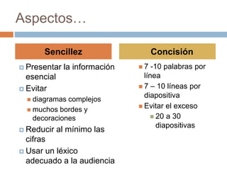 Aspectos…
 Presentar la información
esencial
 Evitar
 diagramas complejos
 muchos bordes y
decoraciones
 Reducir al mínimo las
cifras
 Usar un léxico
adecuado a la audiencia
 7 -10 palabras por
línea
 7 – 10 líneas por
diapositiva
 Evitar el exceso
 20 a 30
diapositivas
Sencillez Concisión
 