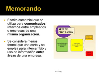  Escrito comercial que se
utiliza para comunicados
internos entre empleados
o empresas de una
misma organización.
 Se considera menos
formal que una carta y se
emplea para intercambio y
uso de información entre
áreas de una empresa.
IELJ/2015
 