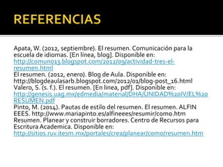 Apata,W. (2012, septiembre). El resumen. Comunicación para la
escuela de idiomas. [En línea, blog]. Disponible en:
http://comuno13.blogspot.com/2012/09/actividad-tres-el-
resumen.html
El resumen. (2012, enero). Blog de Aula. Disponible en:
http://blogdeaulasarb.blogspot.com/2012/01/blog-post_16.html
Valero, S. (s. f.). El resumen. [En linea, pdf]. Disponible en:
http://genesis.uag.mx/edmedia/material/DHA/UNIDAD%20IV/EL%20
RESUMEN.pdf
Pinto, M. (2014). Pautas de estilo del resumen. El resumen. ALFIN
EEES. http://www.mariapinto.es/alfineees/resumir/como.htm
Resumen. Planear y construir borradores. Centro de Recursos para
Escritura Academica. Disponible en:
http://sitios.ruv.itesm.mx/portales/crea/planear/como/resumen.htm
 