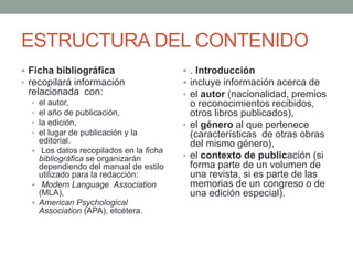 ESTRUCTURA DEL CONTENIDO
 Ficha bibliográfica
• recopilará información
relacionada con:
• el autor,
• el año de publicación,
• la edición,
• el lugar de publicación y la
editorial.
 Los datos recopilados en la ficha
bibliográfica se organizarán
dependiendo del manual de estilo
utilizado para la redacción:
 Modern Language Association
(MLA),
 American Psychological
Association (APA), etcétera.
 . Introducción
 incluye información acerca de
• el autor (nacionalidad, premios
o reconocimientos recibidos,
otros libros publicados),
• el género al que pertenece
(características de otras obras
del mismo género),
• el contexto de publicación (si
forma parte de un volumen de
una revista, si es parte de las
memorias de un congreso o de
una edición especial).
 