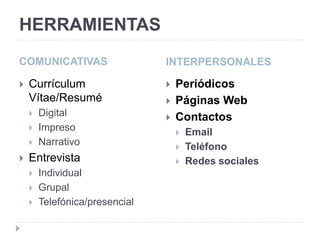 HERRAMIENTAS
COMUNICATIVAS INTERPERSONALES
 Currículum
Vítae/Resumé
 Digital
 Impreso
 Narrativo
 Entrevista
 Individual
 Grupal
 Telefónica/presencial
 Periódicos
 Páginas Web
 Contactos
 Email
 Teléfono
 Redes sociales
 