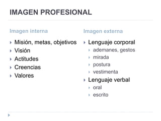 IMAGEN PROFESIONAL
Imagen interna Imagen externa
 Misión, metas, objetivos
 Visión
 Actitudes
 Creencias
 Valores
 Lenguaje corporal
 ademanes, gestos
 mirada
 postura
 vestimenta
 Lenguaje verbal
 oral
 escrito
 