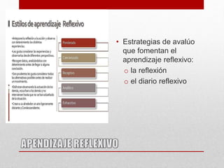 • Estrategias de avalúo
que fomentan el
aprendizaje reflexivo:
o la reflexión
o el diario reflexivo
 