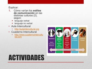 ACTIVIDADES
• Evalúa tu conocimiento cultural según la escala de
IC (CQ)
• Identifica tus áreas de competencia y tus fortalezas
y debilidades
• Elabora un plan de desarrollo en función de las
áreas
 
