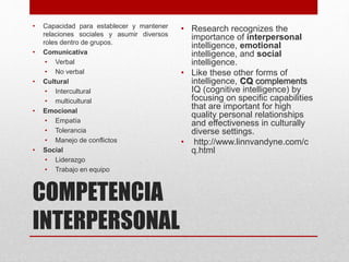COMPETENCIA
INTERPERSONAL
• Capacidad para establecer y mantener
relaciones sociales y asumir diversos
roles dentro de grupos.
• Comunicativa
• Verbal
• No verbal
• Cultural
• Intercultural
• multicultural
• Emocional
• Empatía
• Tolerancia
• Manejo de conflictos
• Social
• Liderazgo
• Trabajo en equipo
• Research recognizes the
importance of interpersonal
intelligence, emotional
intelligence, and social
intelligence.
• Like these other forms of
intelligence, CQ complements
IQ (cognitive intelligence) by
focusing on specific capabilities
that are important for high
quality personal relationships
and effectiveness in culturally
diverse settings.
• http://www.linnvandyne.com/c
q.html
 