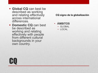 CQ
 Global CQ can best be
described as working
and relating effectively
across international
differences.
 Domestic CQ can best
be described as
working and relating
effectively with people
from different cultural
backgrounds in your
own country.
• ÁMBITOS
• GLOBAL
• LOCAL
CQ signo de la globalización
 